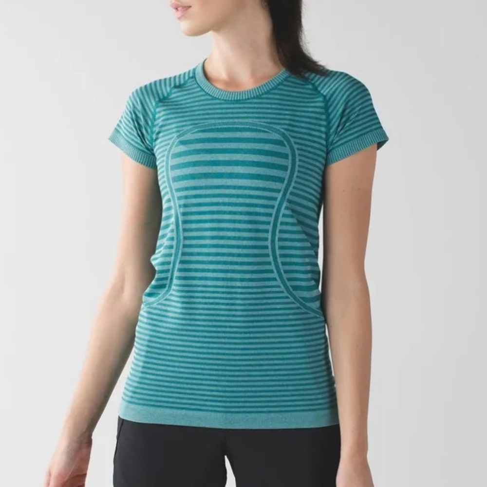 Lululemon Swiftly Tech Short Sleeve Crew-Heathered Forage Teal Striped-Size 8